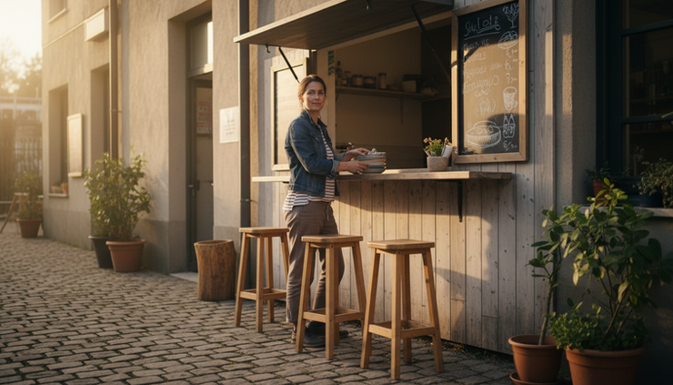 Wide-angle view of a woman standing beside a small food counter before opening.