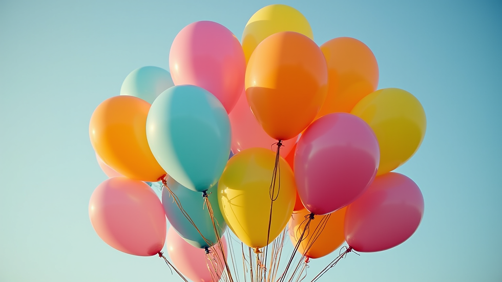 Eye-level view of colorful birthday balloon bouquet with mixed shapes and sizes
