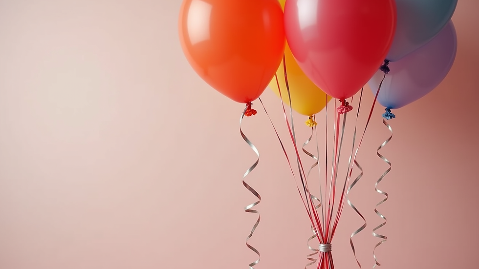 Close-up view of balloon bouquet tied with curling ribbons and balloon weights