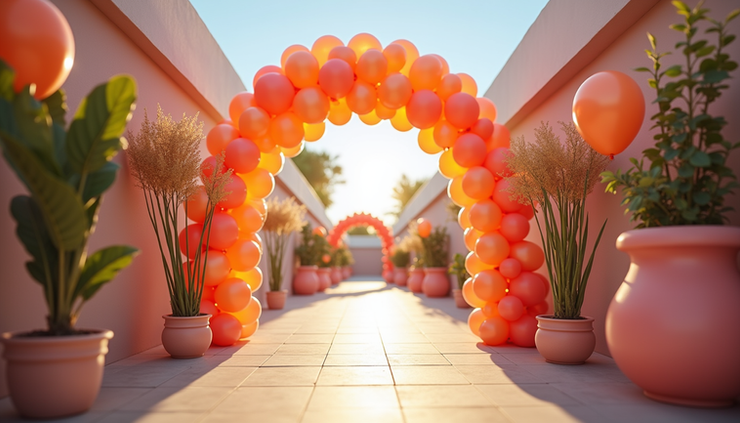 Eye-level view of colorful balloon arch decorating a small event space