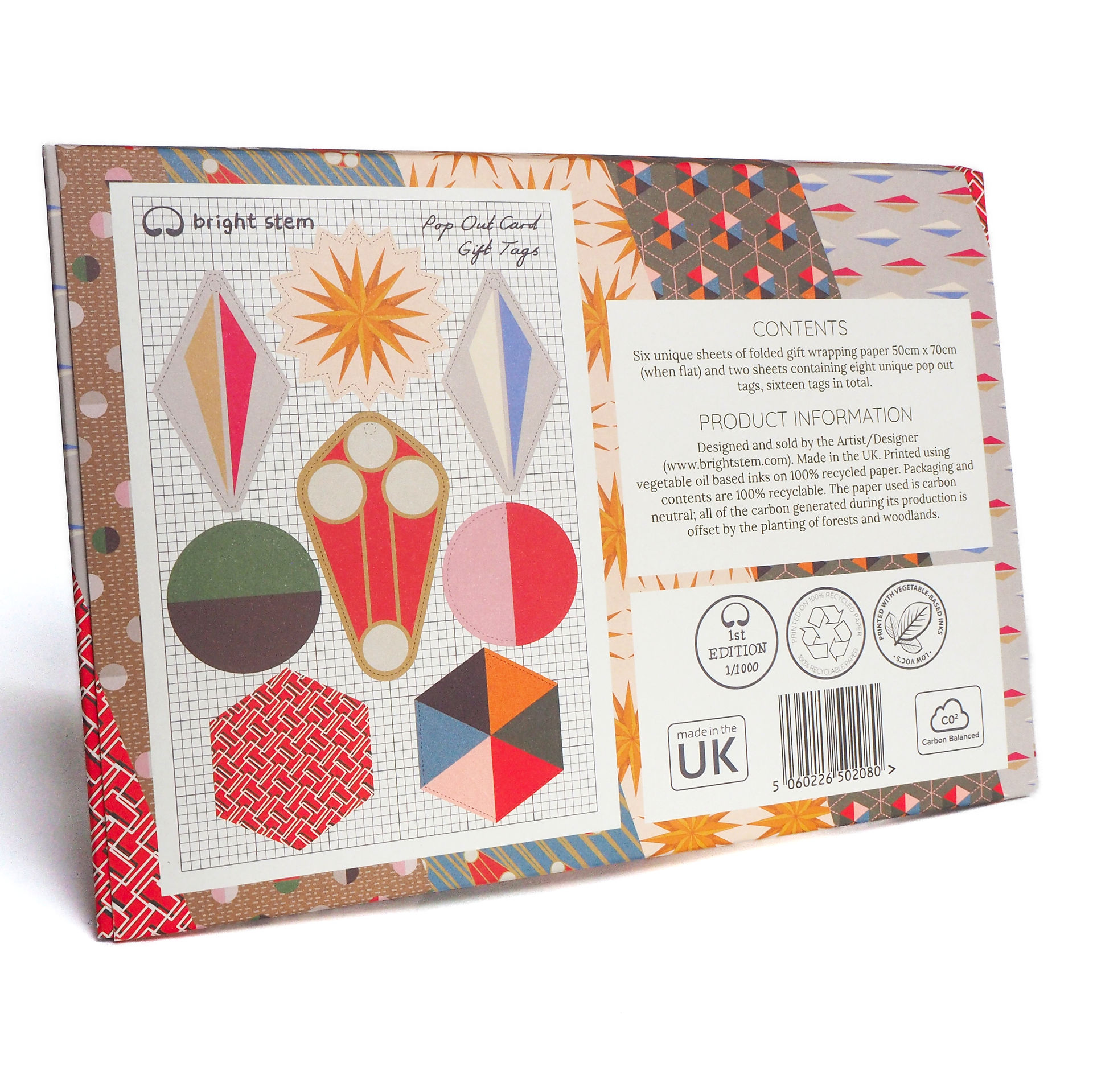 Bright Stem recyclable gift wrapping paper and tags plastic free packaging vintage style designs back view carbon neutral made in uk logos