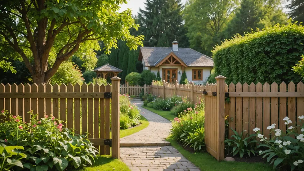Eye-level view of a tranquil home garden with a wooden fence