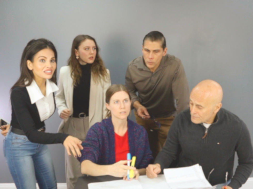 A group of actors filming an office scene at Acting SV Studio, showcasing our vibrant and collaborative community. Learn more about our acting classes, audition prep, and scene study programs in Closter, NJ, and NYC. Join our community and register for a class