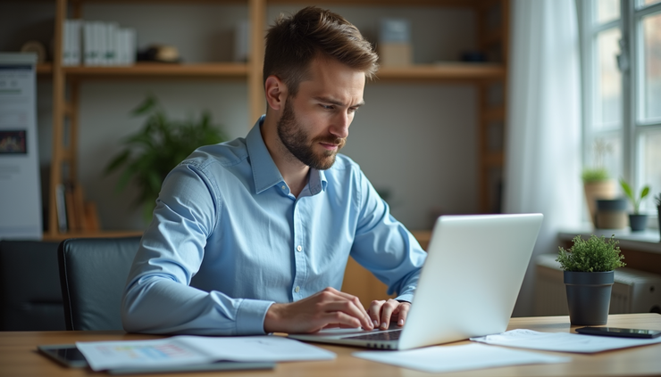 Eye-level view of a young professional reviewing a skills checklist on a laptop