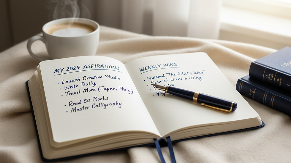 Close-up view of a notebook with a handwritten goal list and a pen