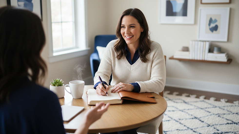 Eye-level view of a professional woman writing notes during a coaching session