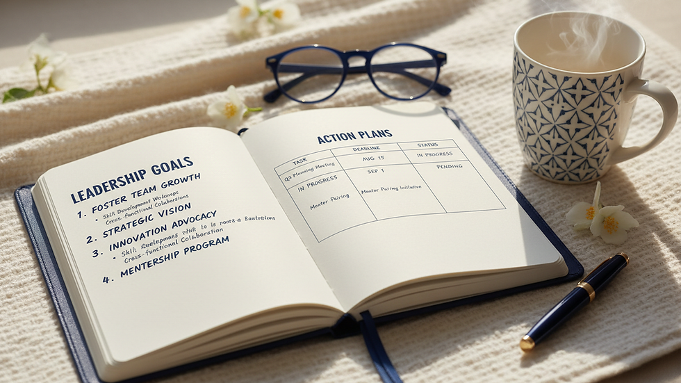 Close-up view of a notebook with leadership goals and action plans