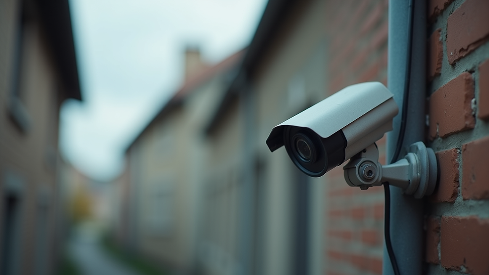 Close-up view of security camera wiring and mounting bracket