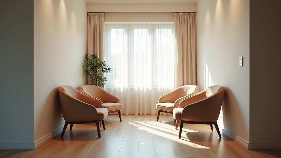 Eye-level view of a serene counselling room with soft lighting and comfortable chairs