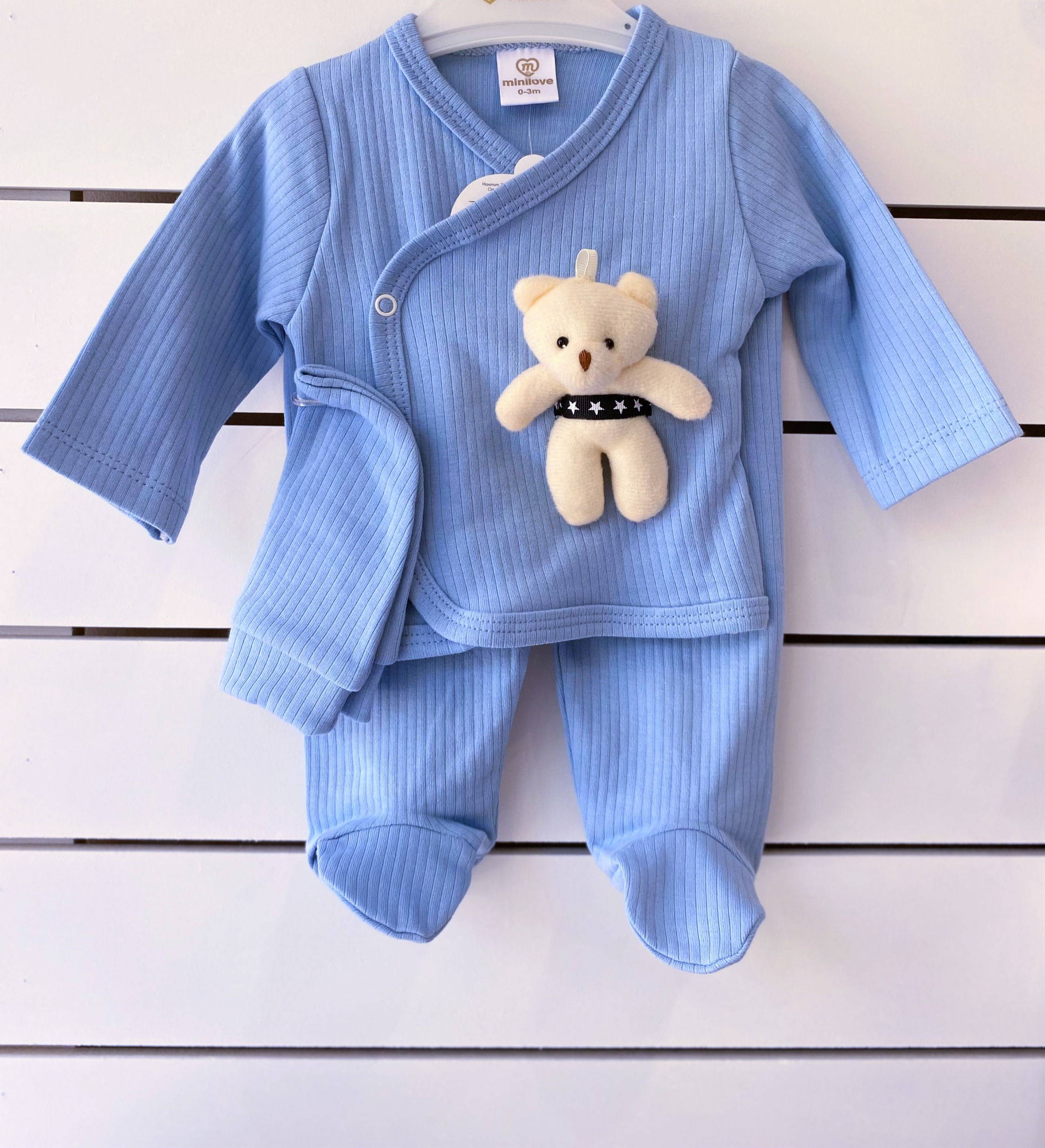 Βρεφικό Σετ για νεογέννητο 3 τεμαχίων γαλάζιο, 100% βαμβακερό  με αρκουδάκι.