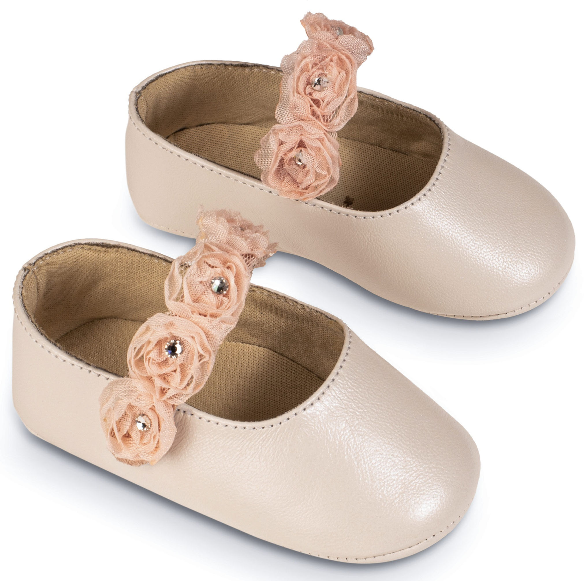 Γοβακι Μονή Μπαρέτα με Chiffon Λουλούδια Εκρού Ροζ Babywalker