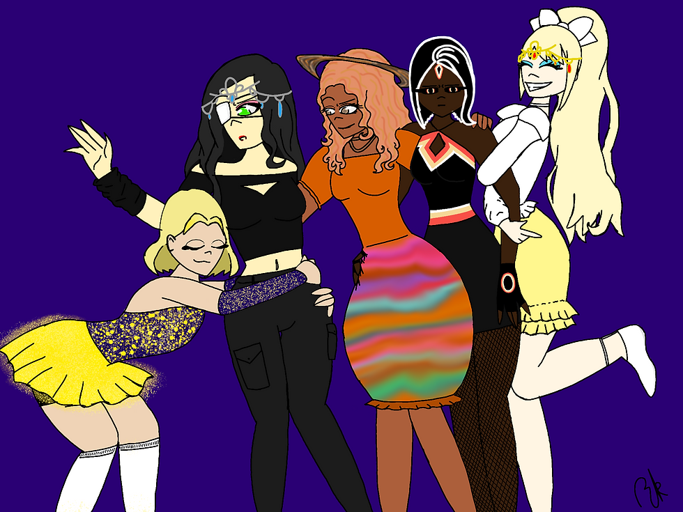 I am really into space astronomy (and I'm strongly inspired by it), so I thought "Why not turn the cosmos into people ?". And that's exactly what I did! So here we have Stella, daughter of the stars, Luna, daughter of the moon, Vanessa, daughter of the planets, Leena, daughter of black holes and Sunny, daughter of the sun! (They're even in that order from left to right)