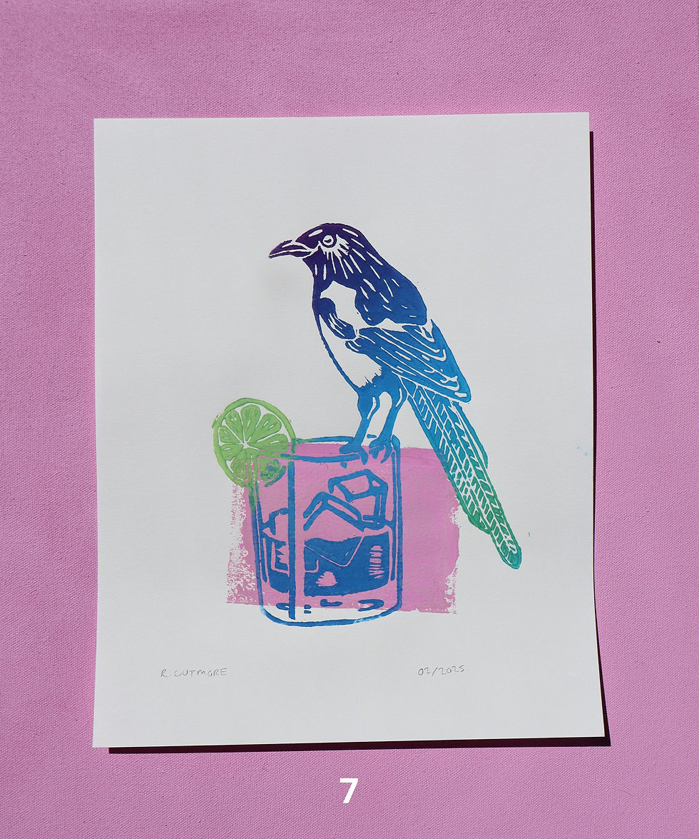 Thumbnail: Lino print - Magpie & Margaritas 