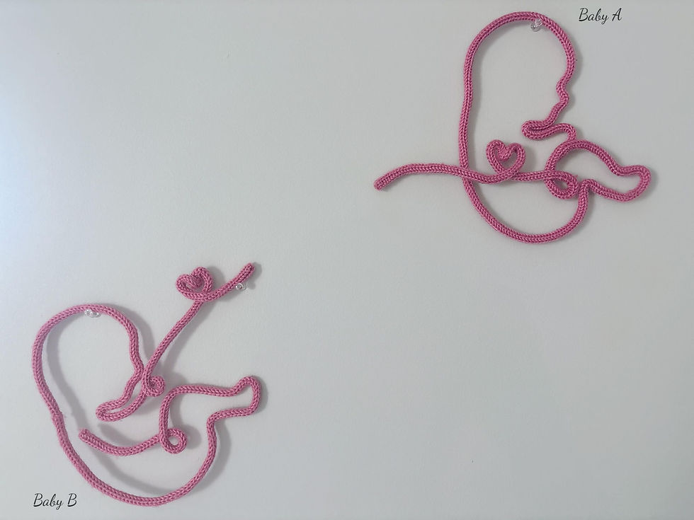 2 pictures of babies in knitted wire art