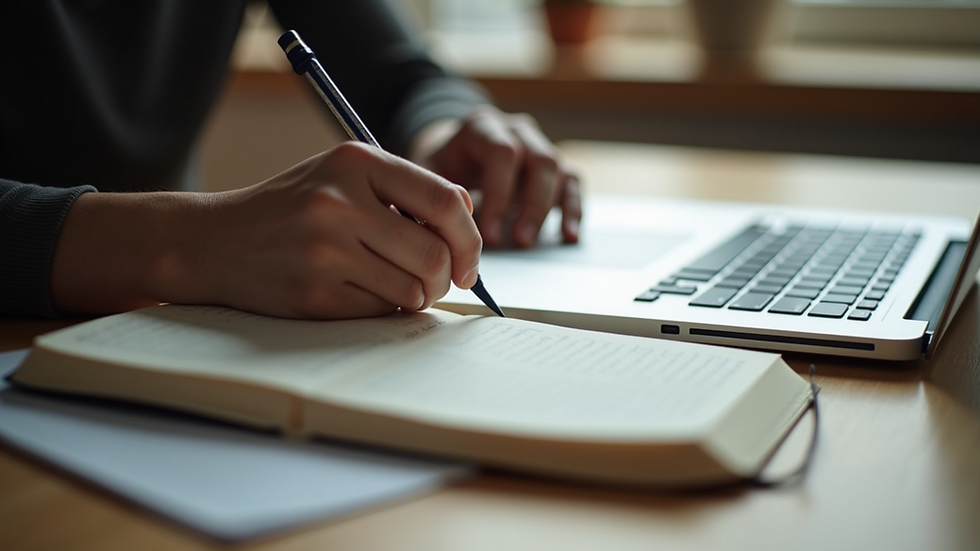 Eye-level view of a student studying with books and a laptop