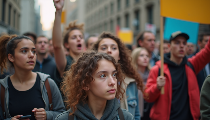 High angle view of a diverse group of young people gathered outdoors holding signs and chanting