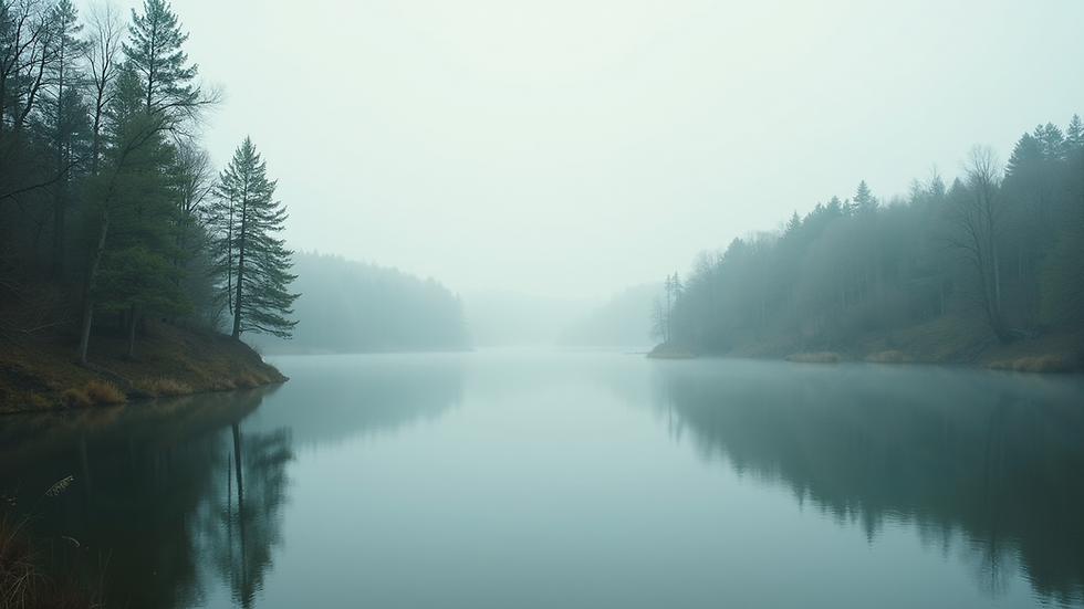 Eye-level view of a serene landscape with a calm lake