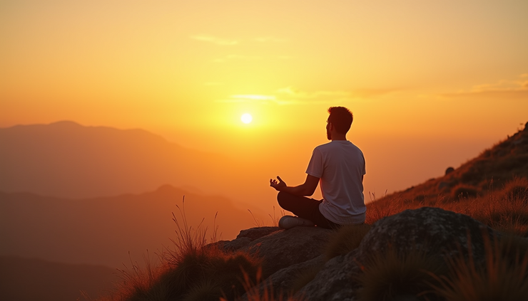 High angle view of a person sitting quietly on a hilltop at sunrise, reflecting and praying