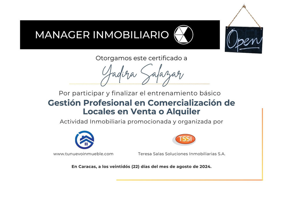 Yadira Salazar certificada gestión profesional para la venta y alquiler de locales comerciales manager inmobiliario www.managerinmobiliario.com