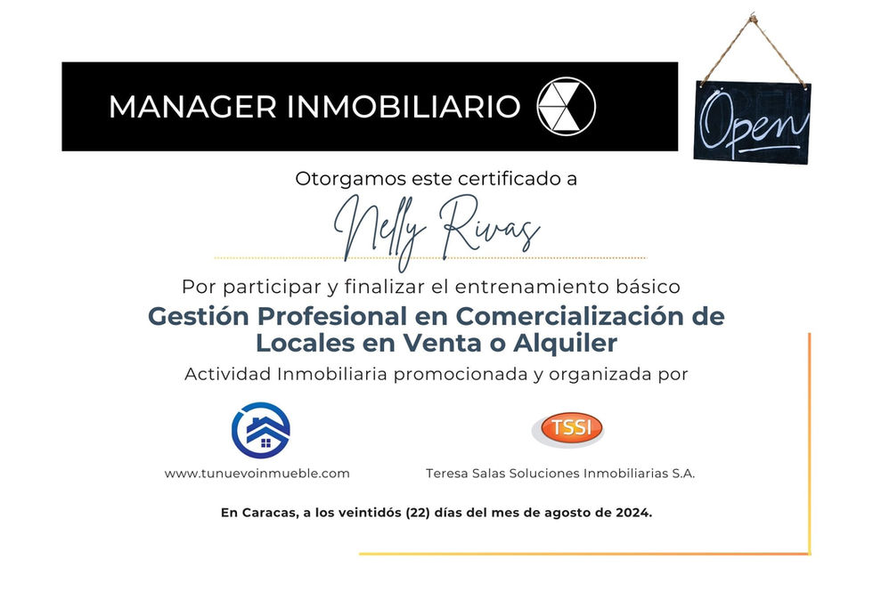 Nelly Rivas certificada gestión profesional para la venta y alquiler de locales comerciales manager inmobiliario www.managerinmobiliario.com