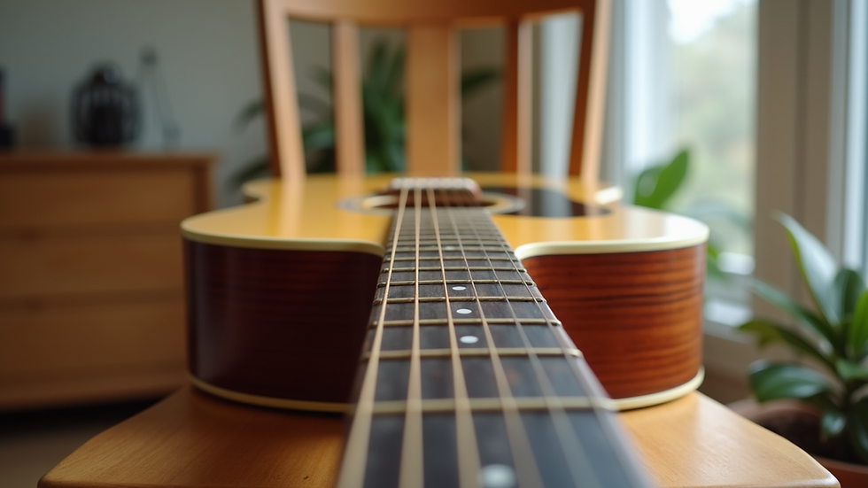 Eye-level view of acoustic guitar resting on a wooden chair
