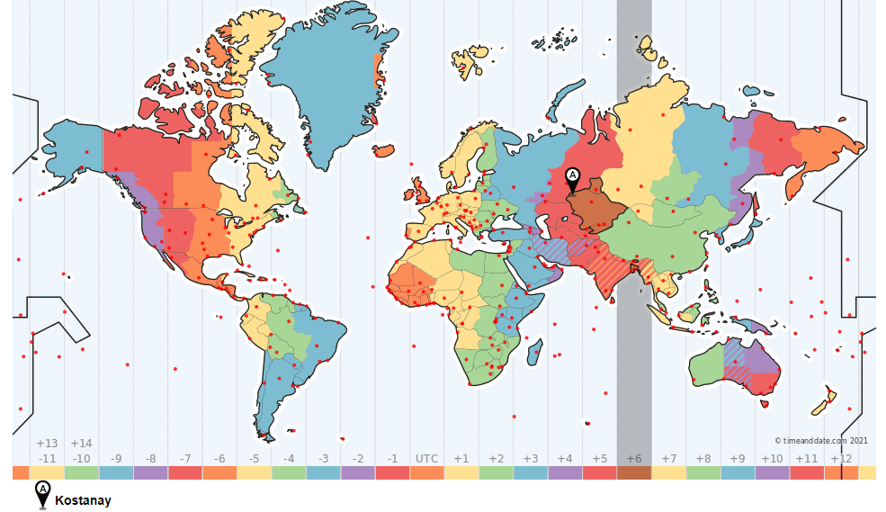 Localização geográfica da cidade de Qostanay, pertence à região do mesmo nome, relativamente ao fuso-horário que observa UTC+06:00