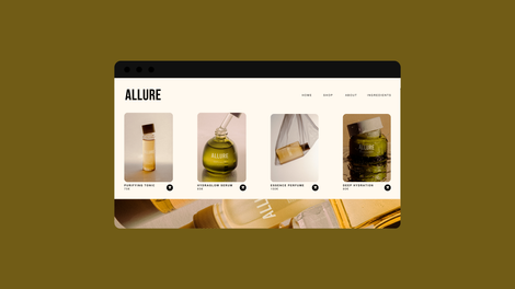 Website showcasing skincare products on a brown background.