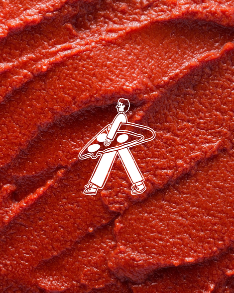 Red textured background with a white artistic logo.