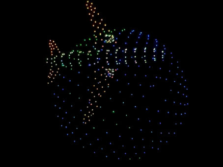 drones forming a round FISH/blowfish with fins (colorful) — fireworks alternatives for events