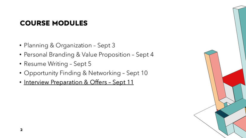 Course Modules: Planning, Branding, Resume, Opportunity, Interview Sept dates Courses.