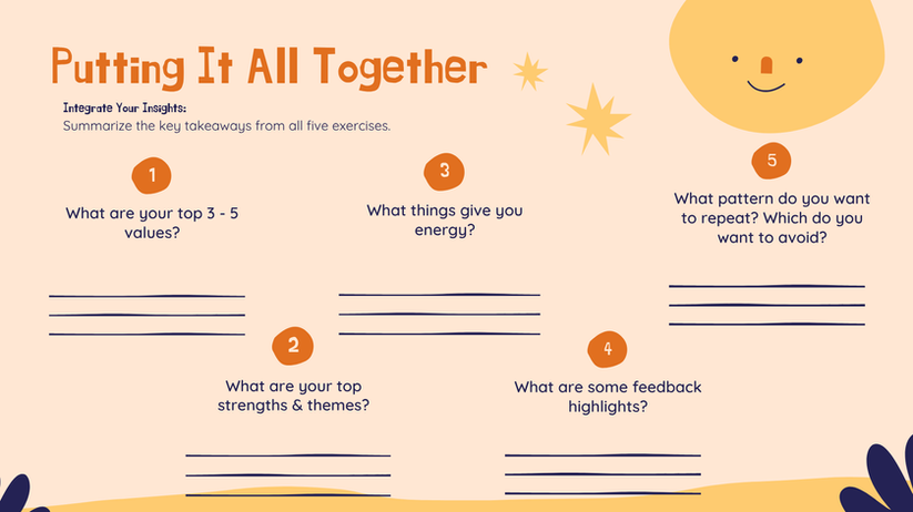 Putting It All Together with questions about values, energy, strengths, feedback, and patterns.