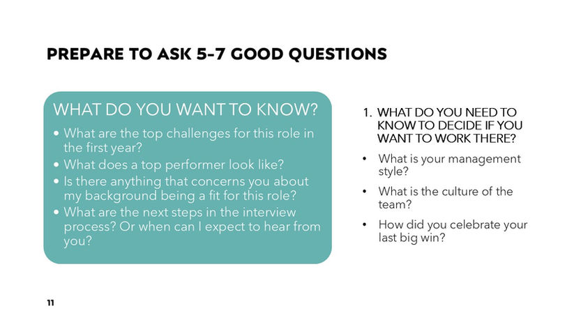 Prepare to ask 5-7 good questions, including interview tips and questions.
