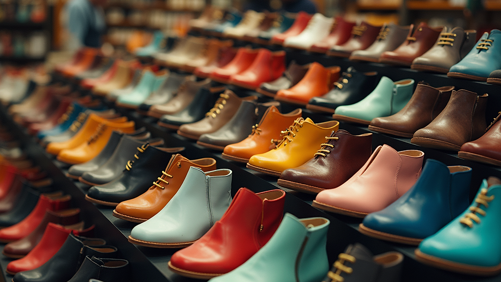 High angle view of a colorful array of shoes displayed in a store