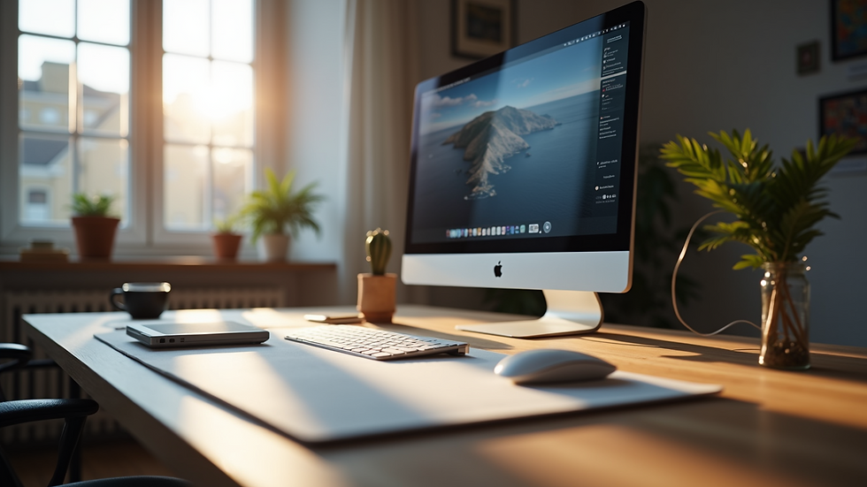 Eye-level view of a minimalist home office setup with important tech gadgets