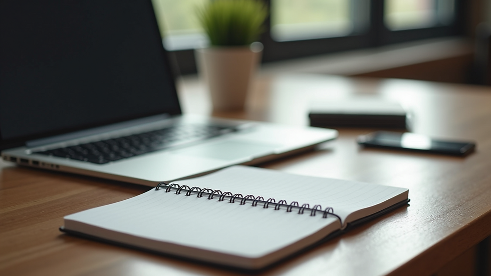 High angle view of a modern workspace with computer and notepad