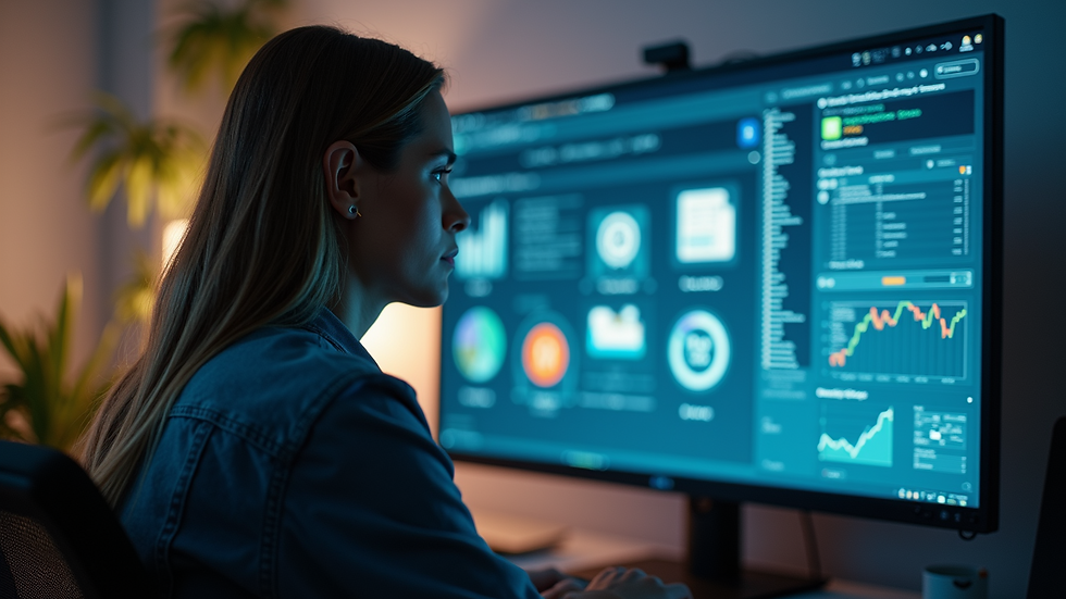 Selbstständiger vor Bildschirm mit verschiedenen Tool-Logos, Fokus auf Organisation