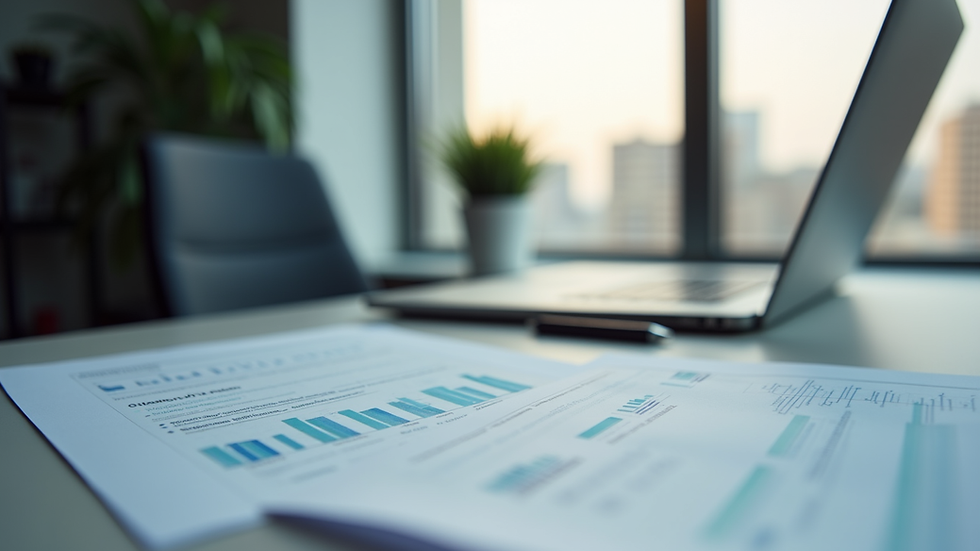 Eye-level view of a modern office desk with a laptop and business documents