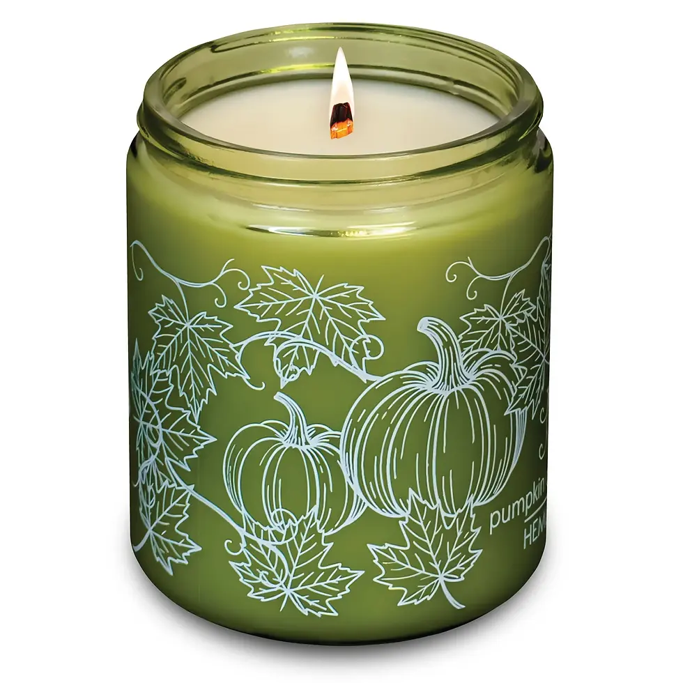 Hemlock Park Pumpkin Creme 8oz green glass jar candle with Hemlock Park logo. Elegant white pumpkins, leaves, and vines design.