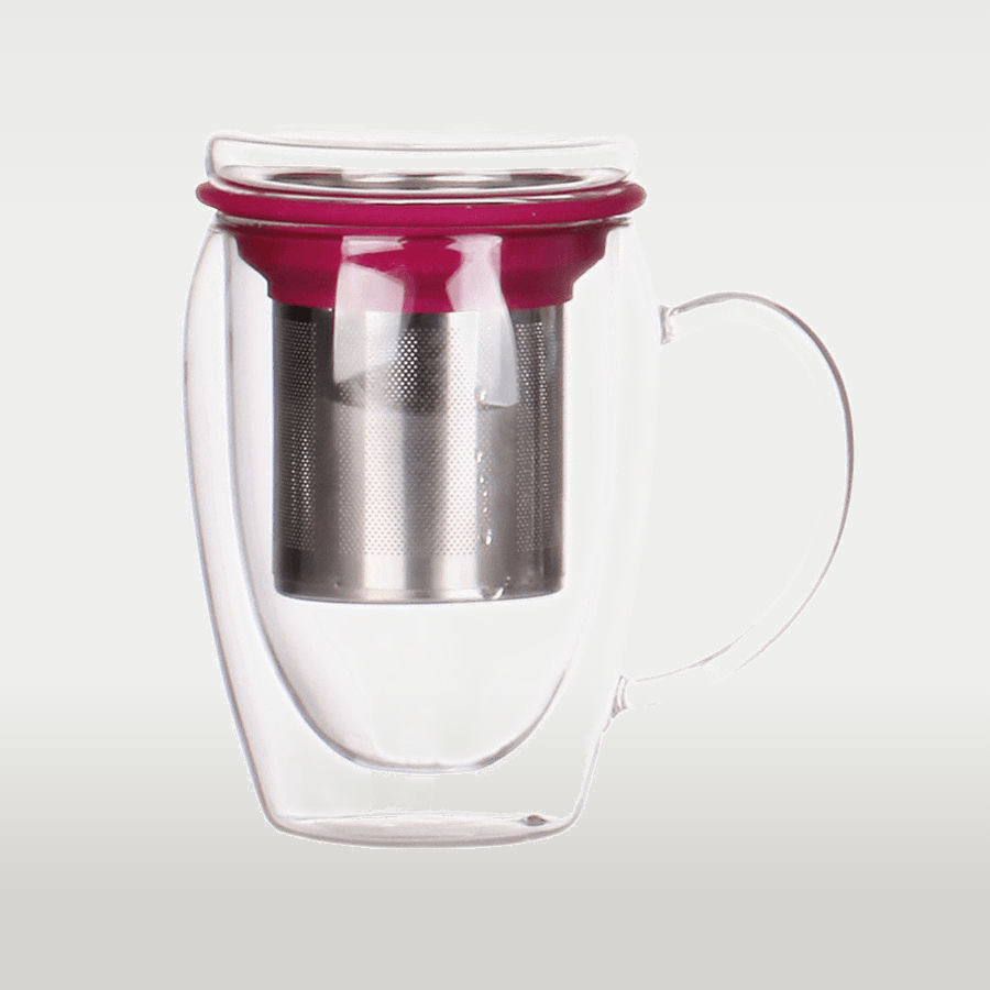 Open Door Tea Glass Mug with Infuser. Double-wall borosilicate glass with handle and removable stainless-steel infuser.
