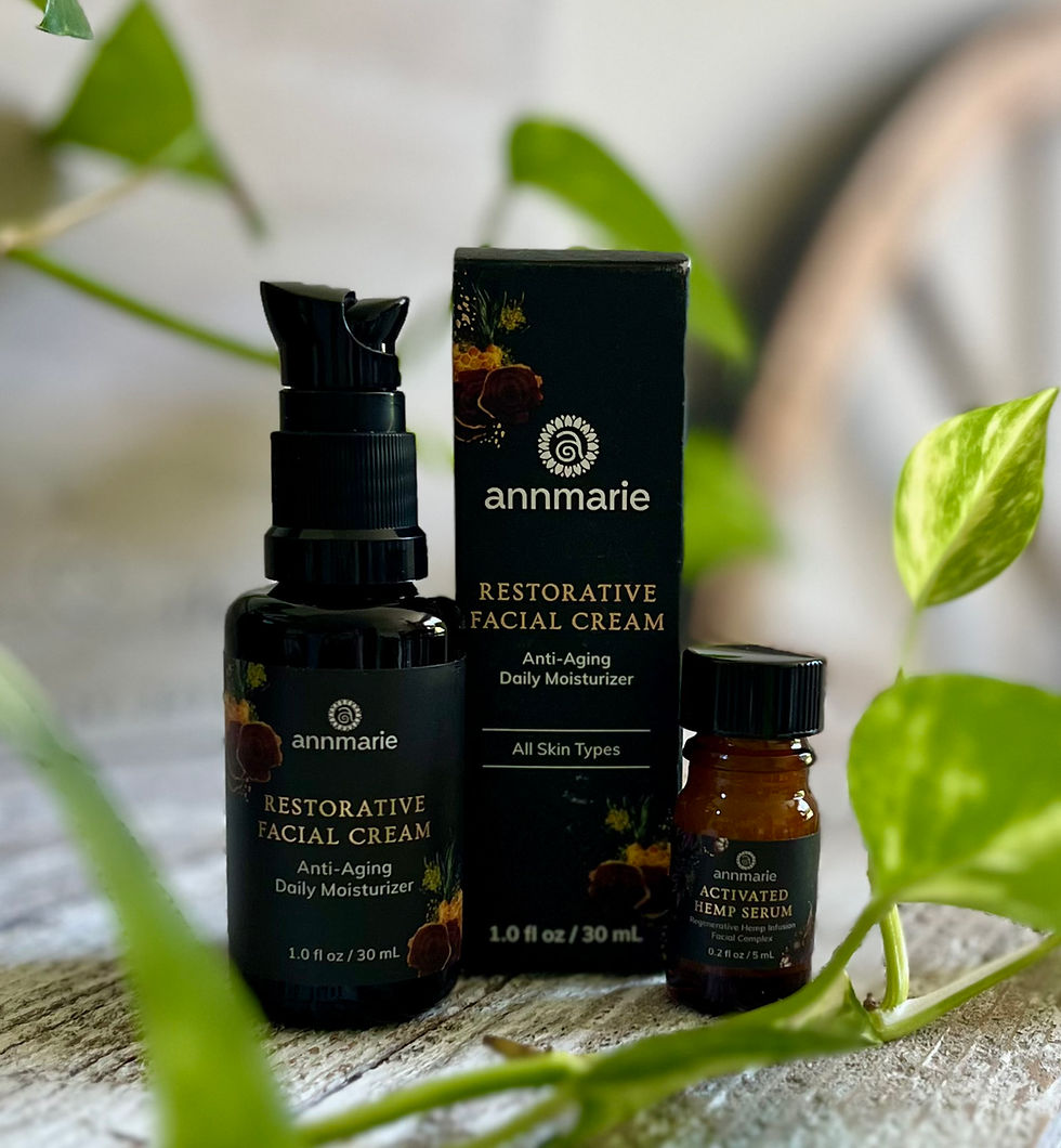 Thumbnail: Annemarie Restorative Facial Cream and Activated Hemp Serum displayed on whitewashed wood with greenery.
