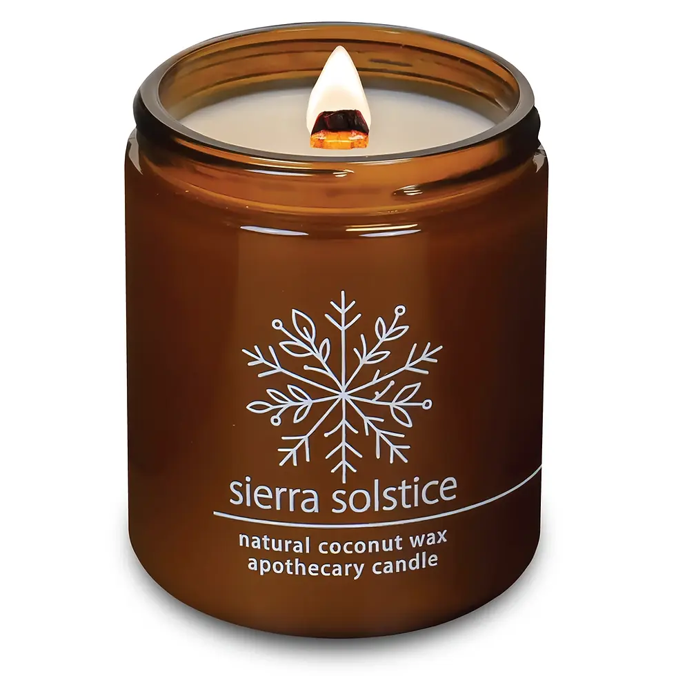 Hemlock Park Sierra Solstice Candle with wood wick in amber glass jar.