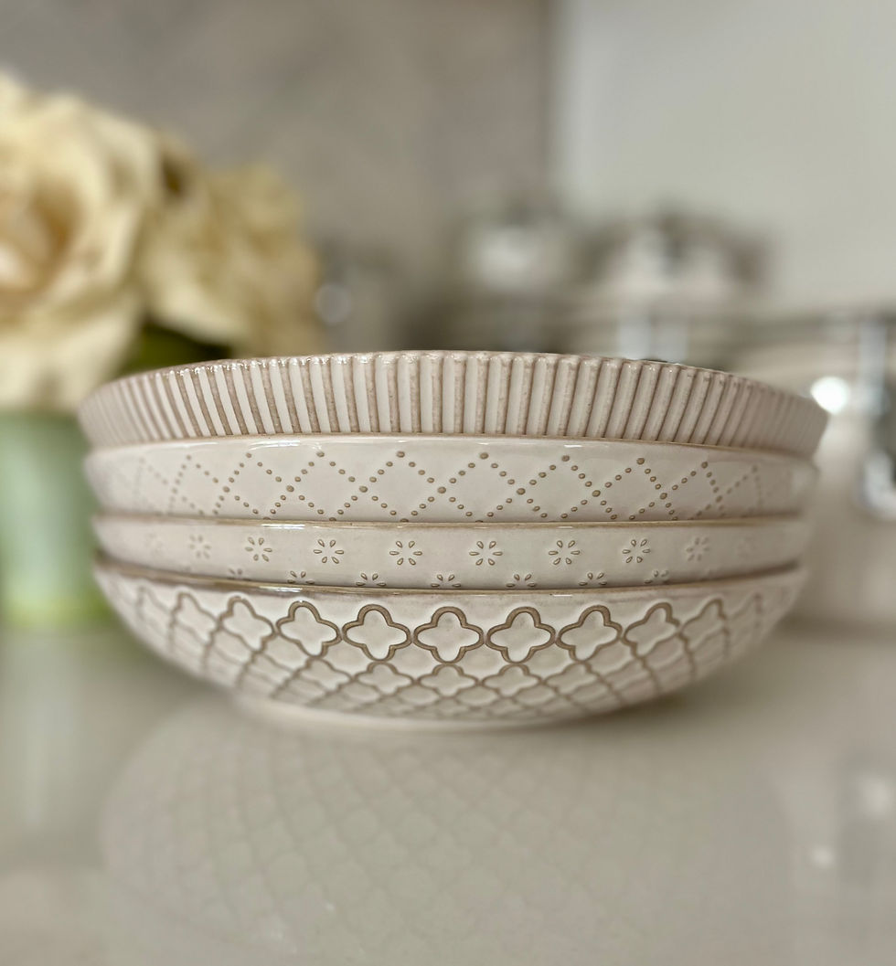 Thumbnail: Getstar Ceramic Pasta Bowls set of 4 stacked on kitchen countertop. Zoomed in to show detail.