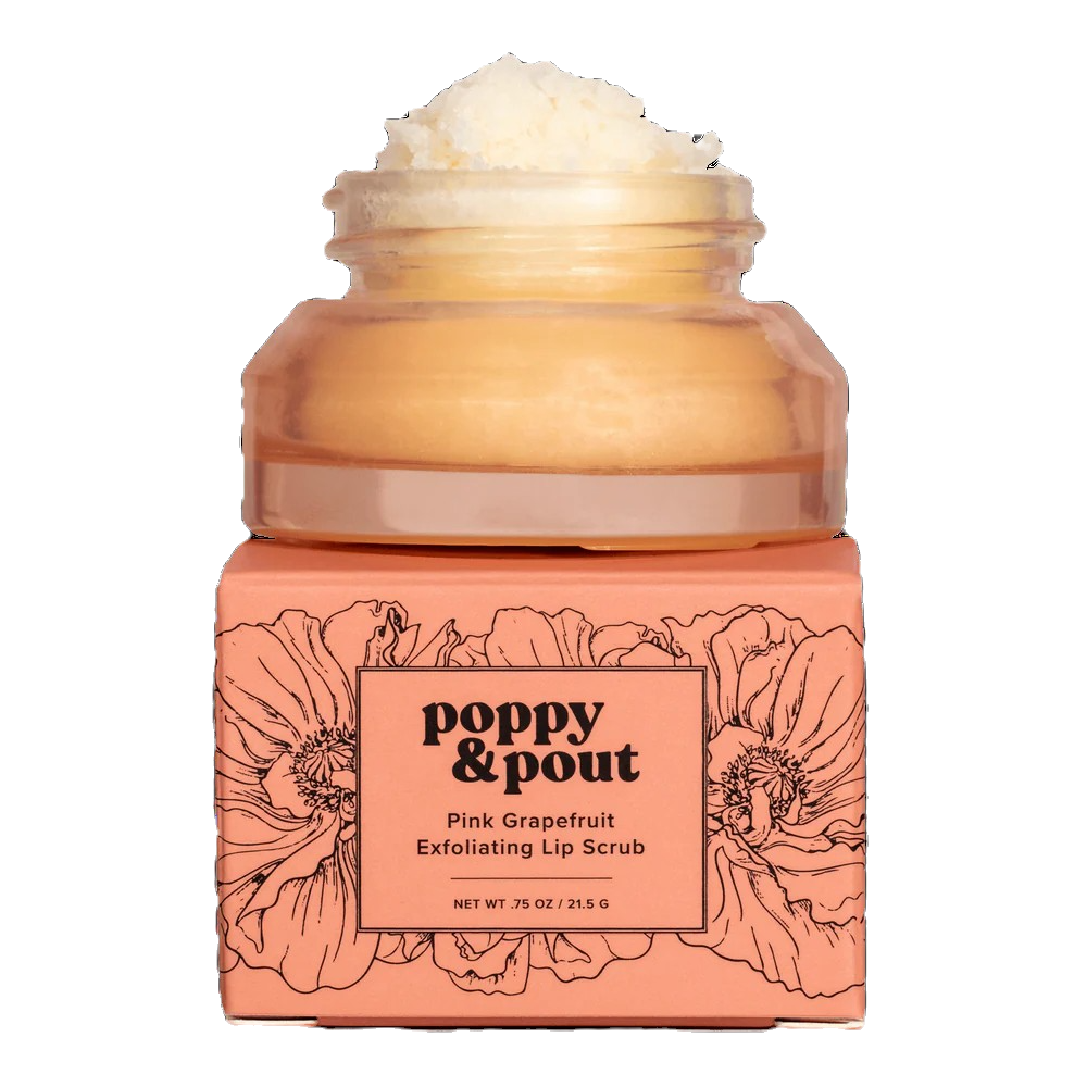 Poppy & Pout All-Natural Lip Scrub Pink Grapefruit in glass jar sitting on top of its box.