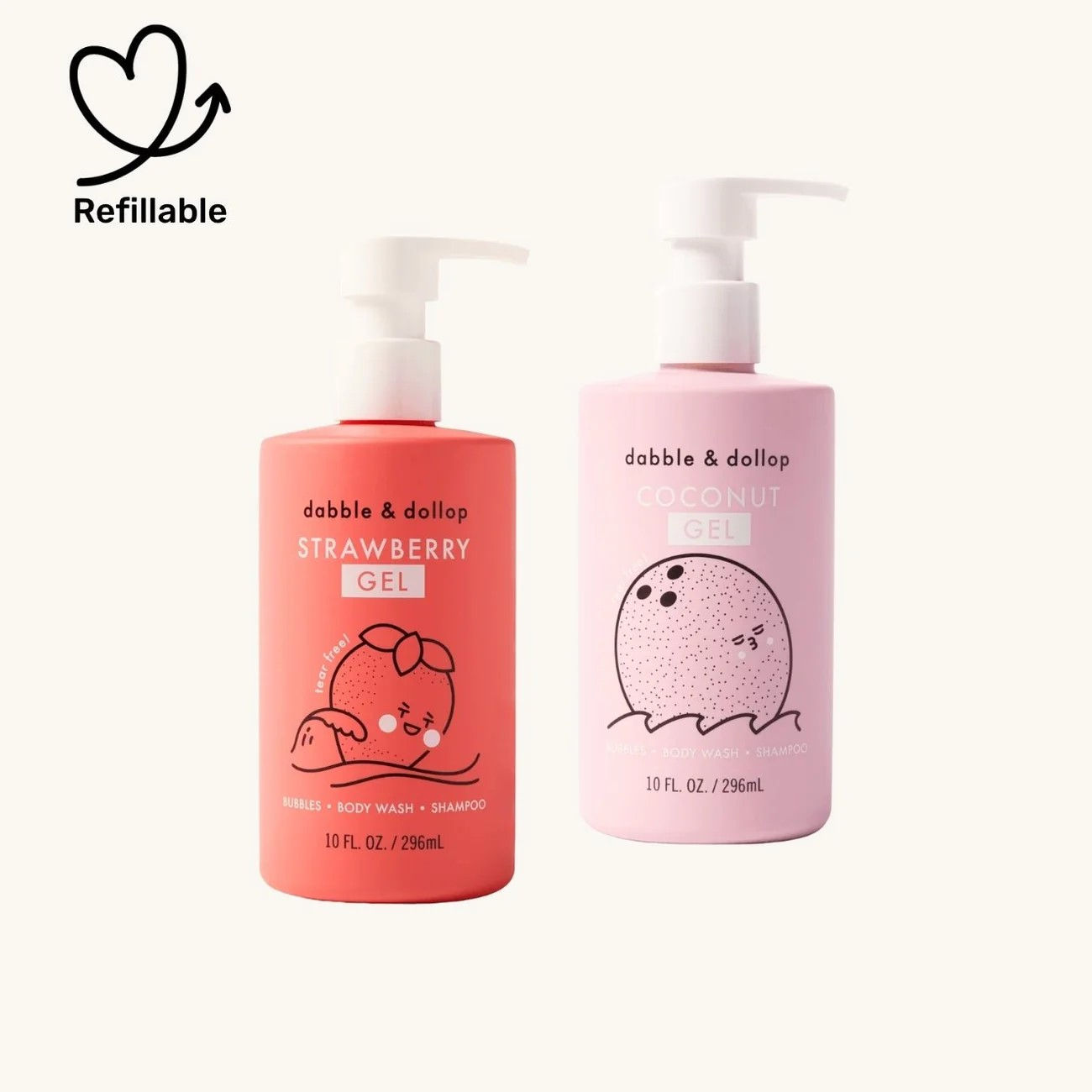 Dabble & Dollop 3-in-1 Wash for Kids. One 10oz bottle of Strawberry and one bottle of Coconut.