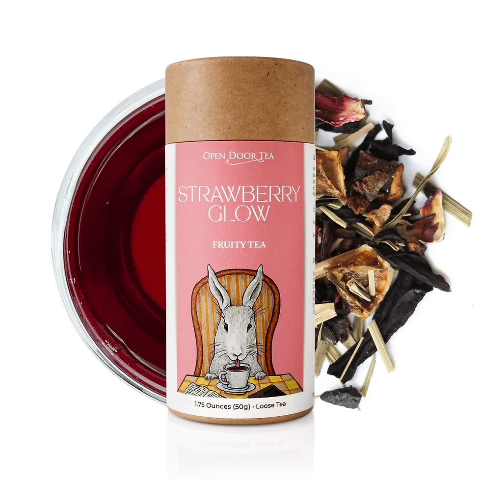 Open Door Tea Strawberry Glow Herbal Tea container. Logo and a rabbit sipping tea. Loose-leaf tea and tea color backdrop.