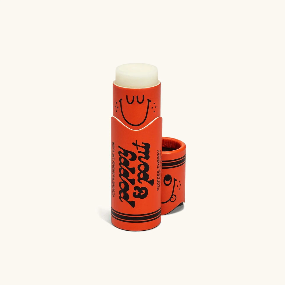 Thumbnail: Poppy & Pout Chipper Cherry Kids Lip Balm Tube. Logo and smiley face.