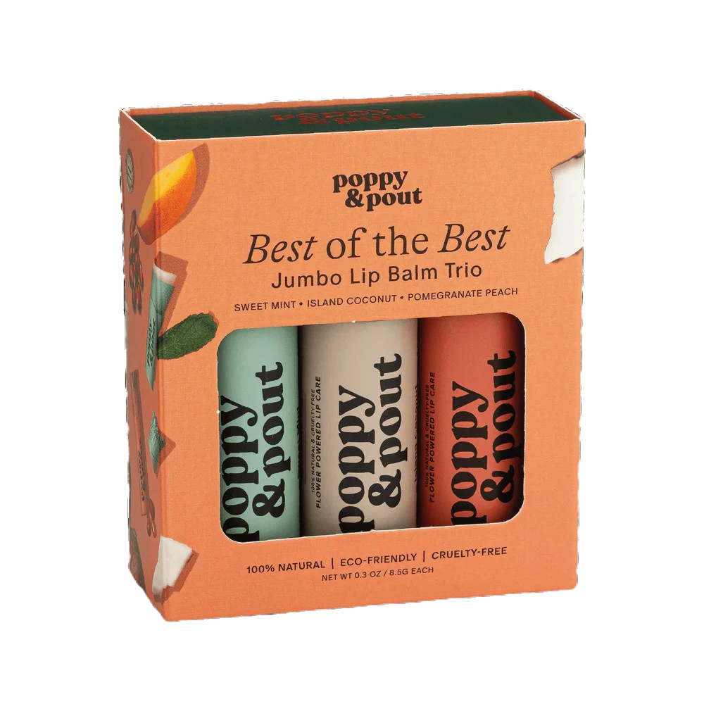 Poppy & Pout All-Natural Lip Balm Best of the Best Trio. Mint, Coconut, Peach in gift box set.