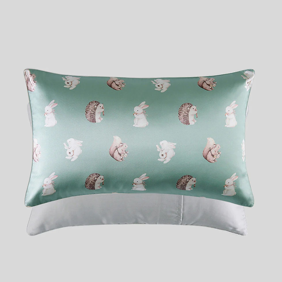 Promeed Organic Mulberry Silk Kids Pillowcase. Sage Green w/ variety of woodland animals in a pattern.