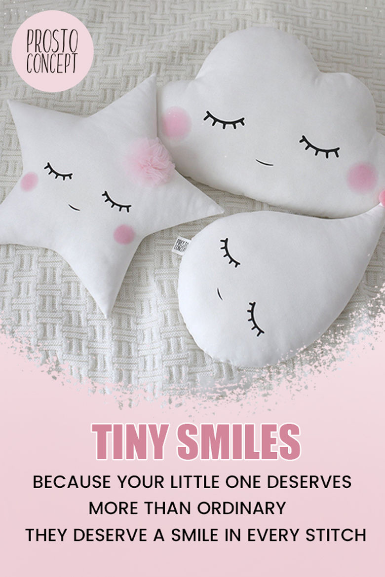 Thumbnail: Prosto Concept Pillow Set. White Cloud, Star, and Raindrop with pink cheeks and sleepy emotions.