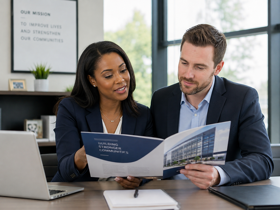 Two professionals sitting at a desk reviewing a printed brochure together in a modern office, landscape orientation, business setting.